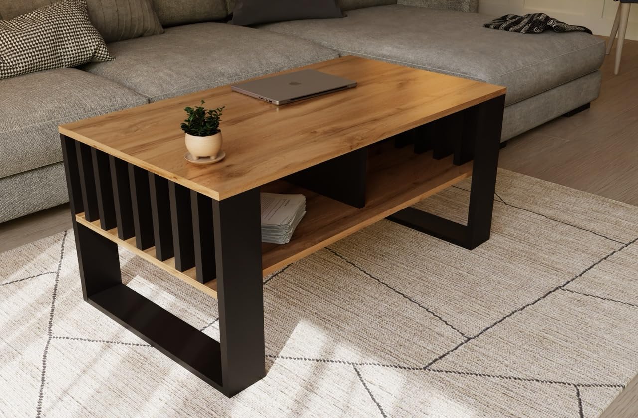 Meble Pitus - Mesa de Centro Moderna, con Espacio de Almacenamiento, 90 x 50 x 50 cm - Decoración Hogar - con Doble Estante Abierto - Muebles con Elementos laminares - Roble Eterno
