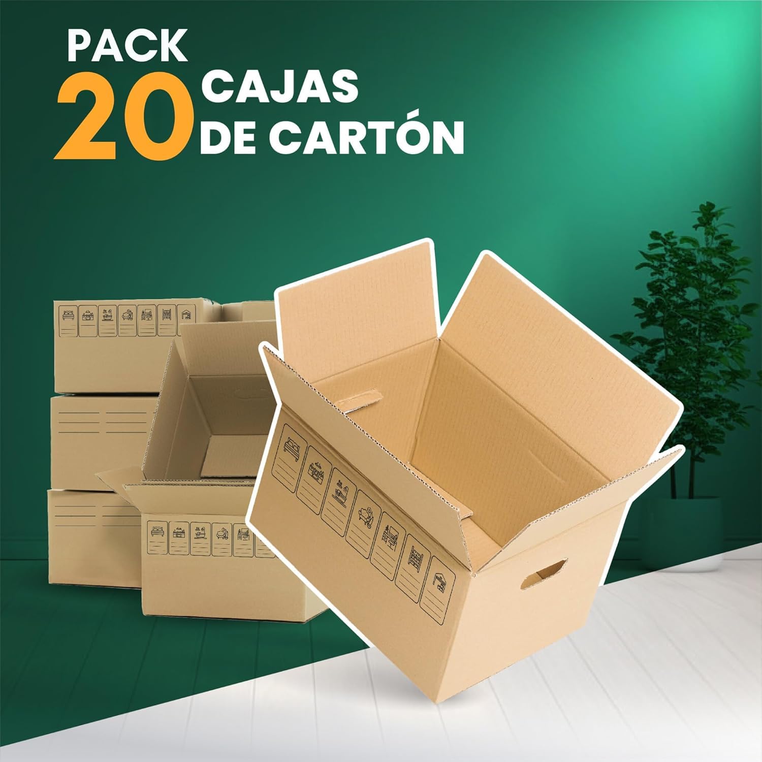 GROWMANIA Pack 20 Cajas de Cartón 50 x 30 x 30 | Cajas Ultra Resistentes para Mudanza y Almacenaje con Iconos Identificativos y Asas Fácil Transporte Marron | Aptas para Envíos
