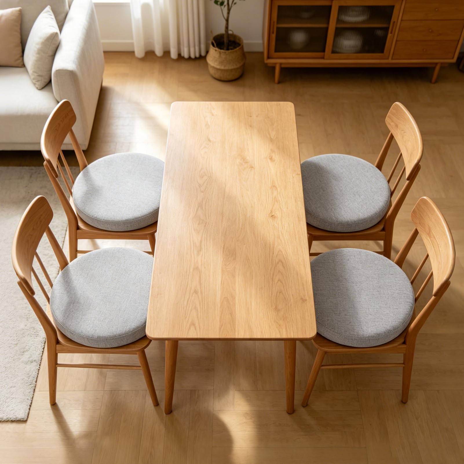 Cuscini Rotondi per Sedia, 43x43x5 cm, Grigio, Set da 4 | Con laccetti, In lino, Rimovibili, Memory foam, Lavabile, per sedia da ufficio, sedia da giardino, sedia da balcone