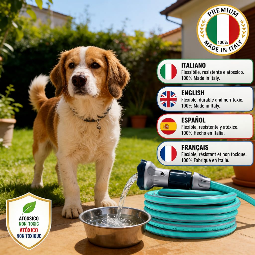 Idroeasy, manguera de jardín extensible de 30 metros con cabezal de ducha de 6 funciones y accesorios, manguera de jardín antitorsión y antinudos de 1/2", extensible hasta 3 veces, Made In Italy