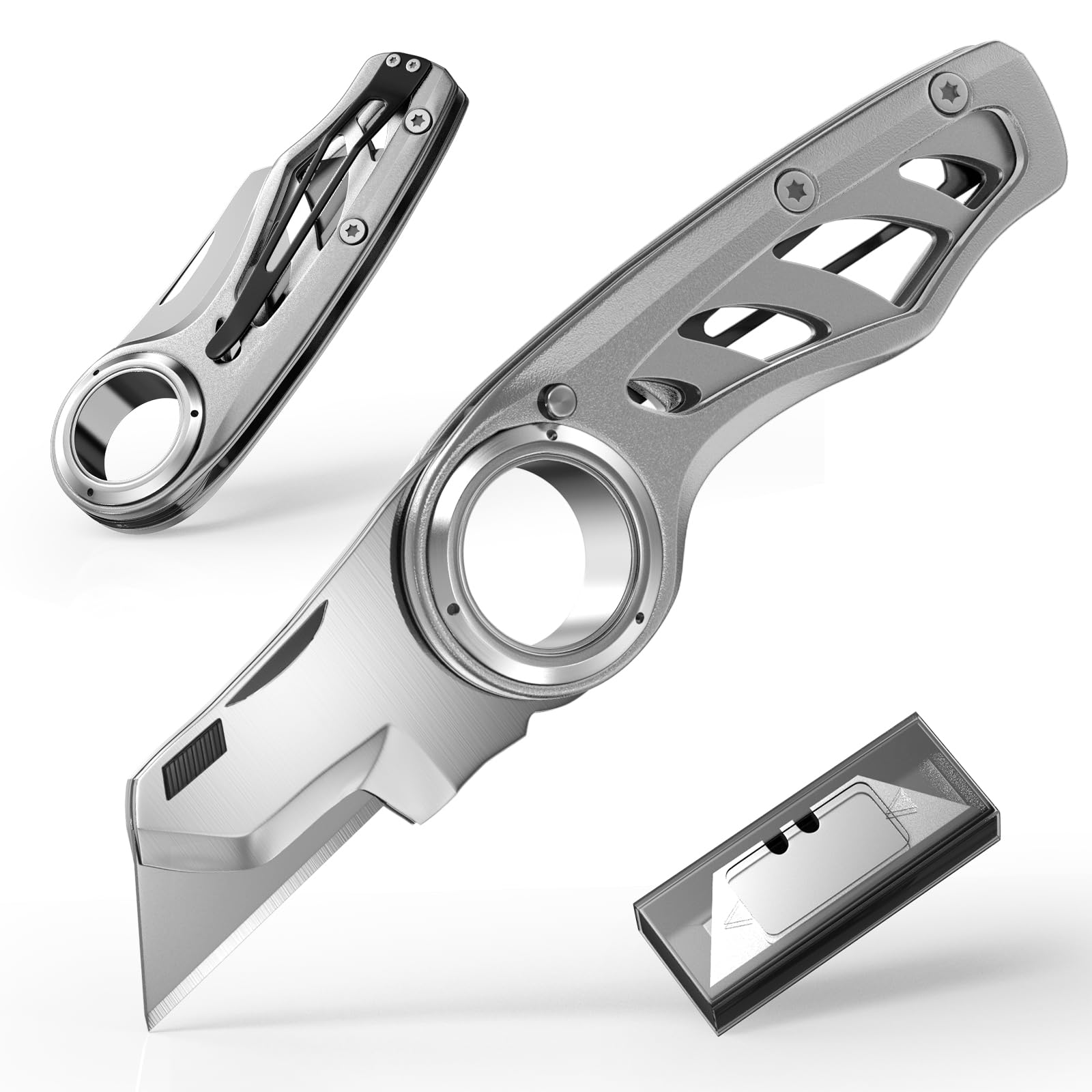 Folding Utility Knife Pocket Knife, Heavy-Duty Box Cutter with Aluminum Body, Quick-Change Blades, Anti Slip Finger Loop, Box Cutters for Home, Office