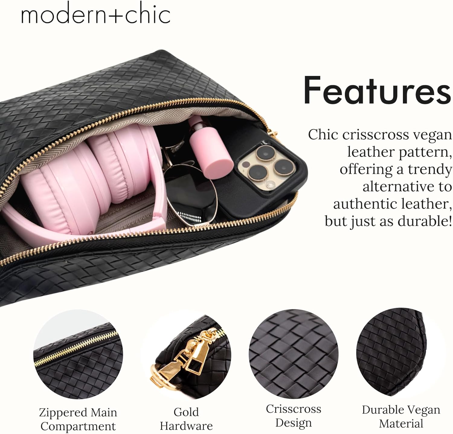 Modern+Chic Belt Bags for Women - Rory Oversized Crisscross Belt Bag for Women, Vegan Leather Crossbody Bag with Strap and Multiple Pockets - Image 3