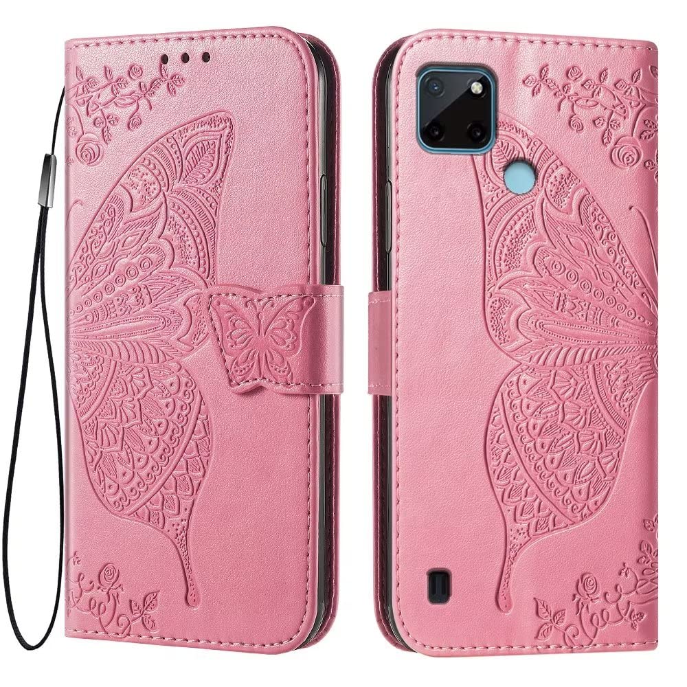 Custodia Flip Magnetic Per Realme C21Y/C25Y – Pelle PU/TPU Con Farfalla Sbalzata, Slot Carte E Supporto, Rosa Oro