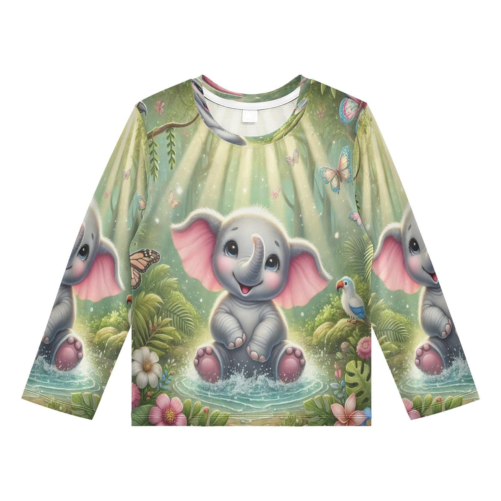 Elephant Butterfly Green Boy's Rash Guard Swim Shirt Long Sleeve Sun Shirt for Running Swiming Pool UPF50+ 4T