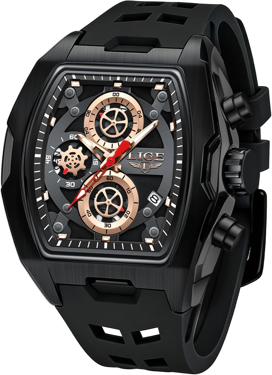 LIGE Men’s Watch Skeleton Tonneau Square Chronograph