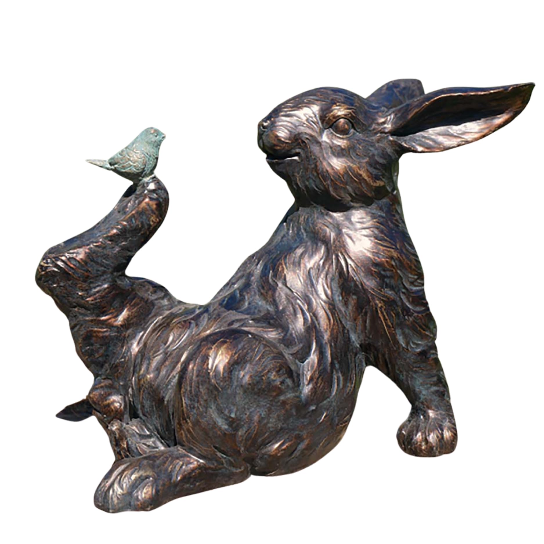 Animal Crackers Bronze effect Rabbit with Bird on foot quirky garden ornament decoration, rabbit lover gift