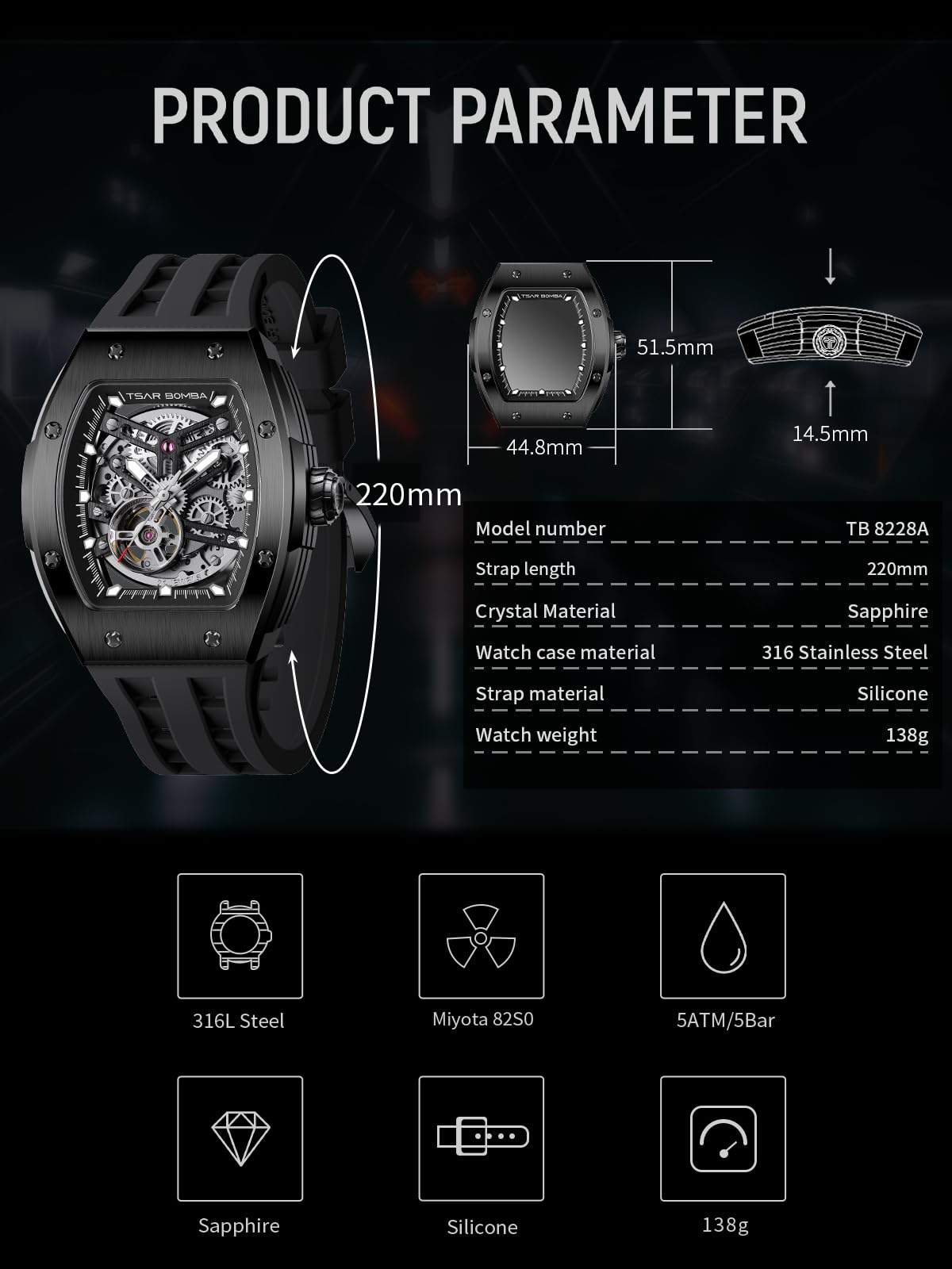 TSAR BOMBA JS8228A-JS8228A - Orologio automatico da uomo, con meccanismo a scheletro, lussuoso, con vetro zaffiro, lunetta in acciaio inox, impermeabile fino a 50 m, ideale come regalo per immersioni