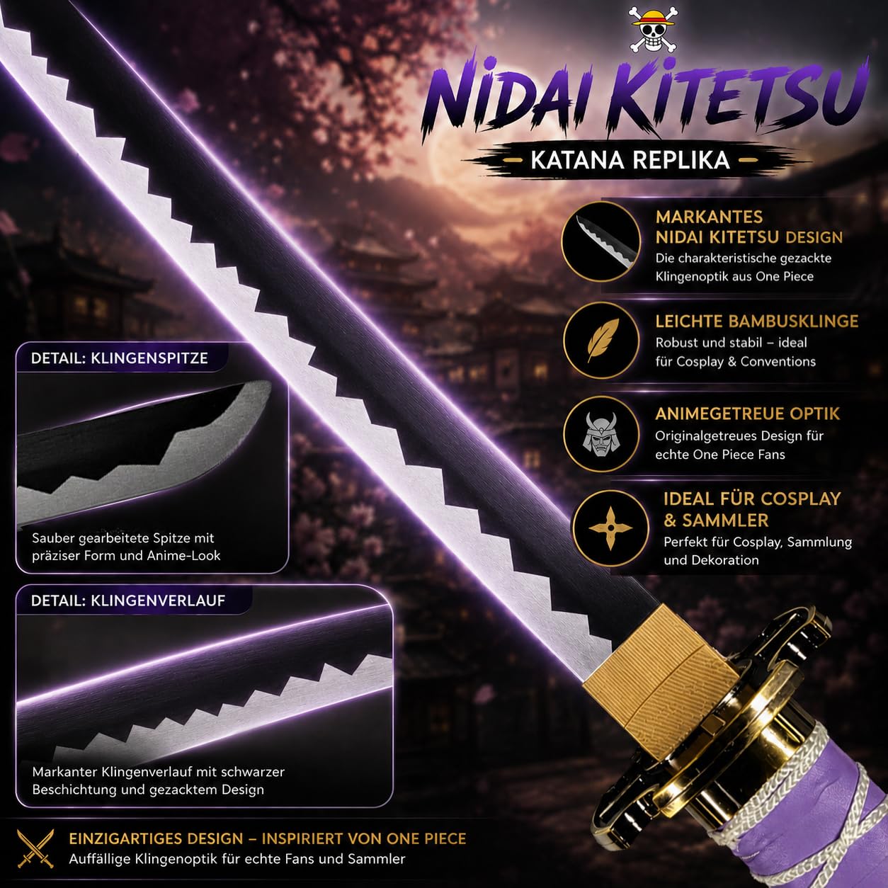 One Piece - Katana aus Holz mit Scheide, Samurai Schwerter, Holzschwert, Zoro Schwert, Bambusklinge, One Piece Katana, Animefans, Anime, Cosplays, Spielzeug für Kinder