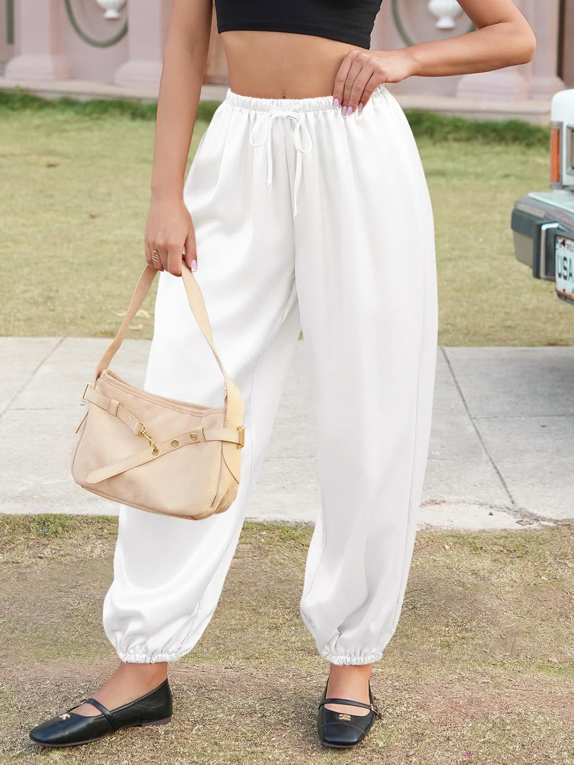 Fisoew レディース サテン ハーレムパンツ カジュアル バギー バレル レッグ ゴムウエスト ドローストリング ルーズ トレー