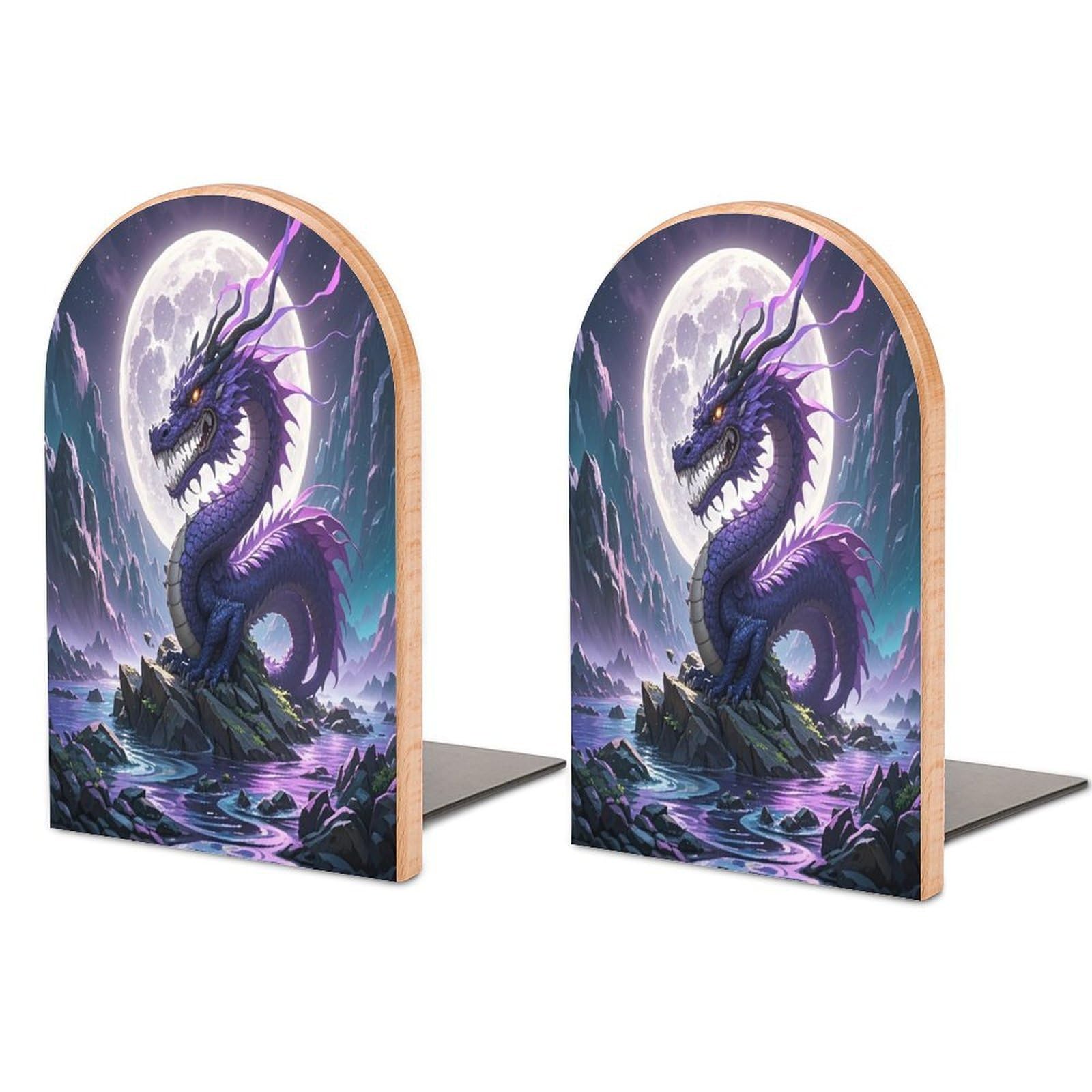 Purple Dragon Purple Moon Bookend for Shelves Unique Book End Sturdy Books Holder Heavy Duty Wooden Bookends Support Non-Slip Book Organizers Decorative Modern Bookend Holder for Home