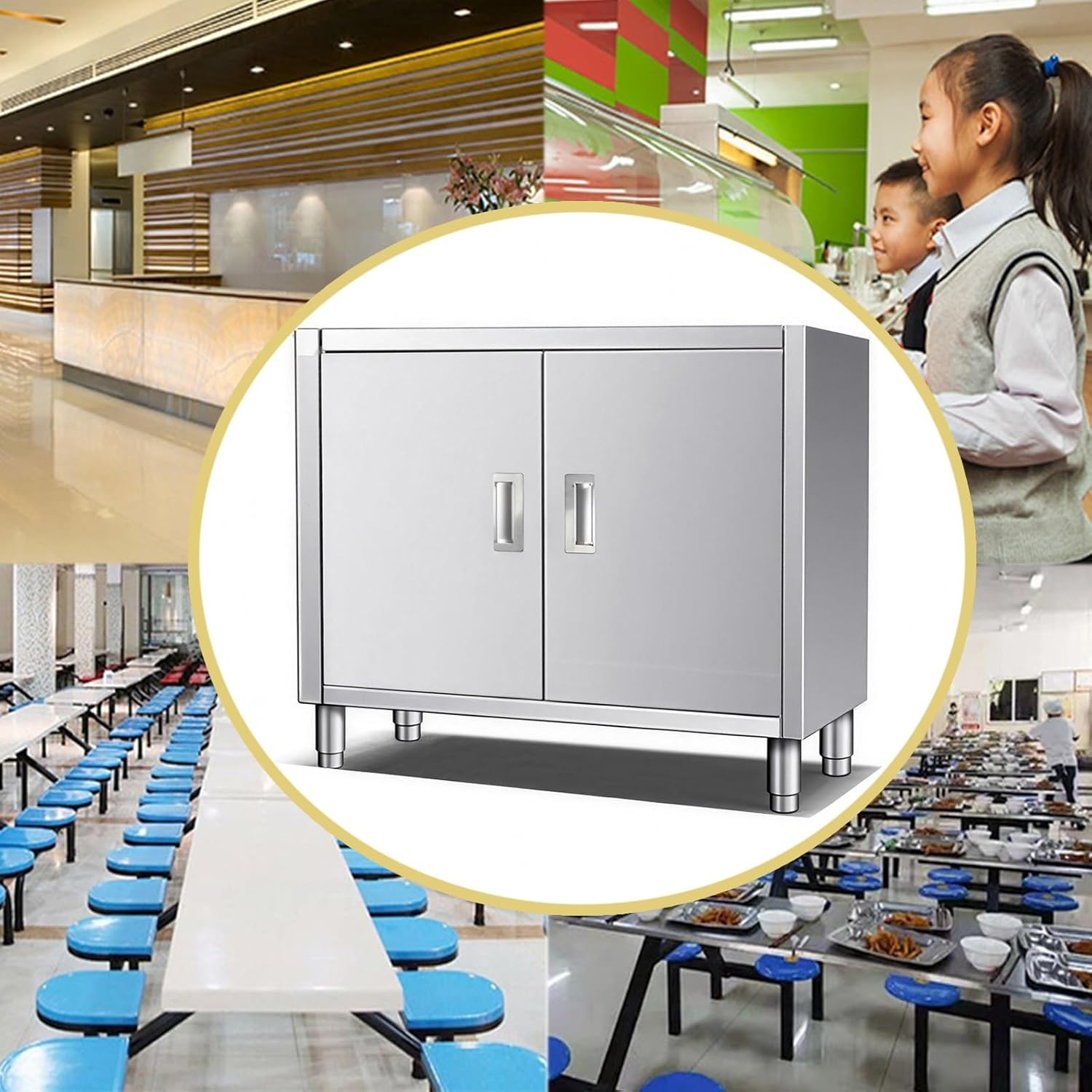 Commercial Stainless Steel Worktop Kitchen Cutting Chopping Board Worktable Double Door Worktop Multifunctional Metal Storage Cabinet Integral Welded 60x35x80cm