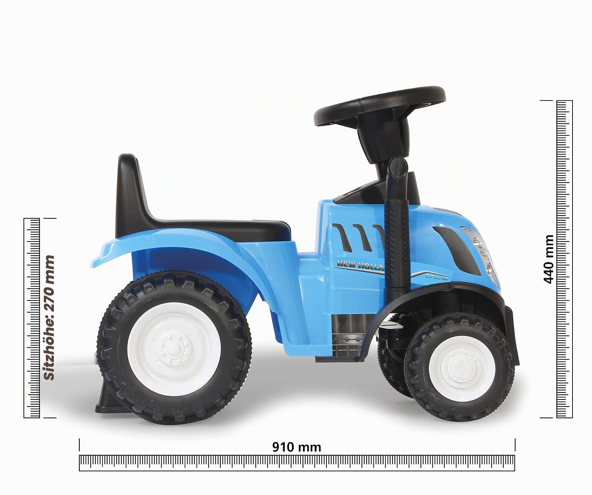 Rutscher New Holland T7 Traktor – ab 12 Monate, Sitzhöhe 270 mm, Kippschutz, originalgetreue Optik, Anhänger mit Schaufel und Rechen, LED Licht