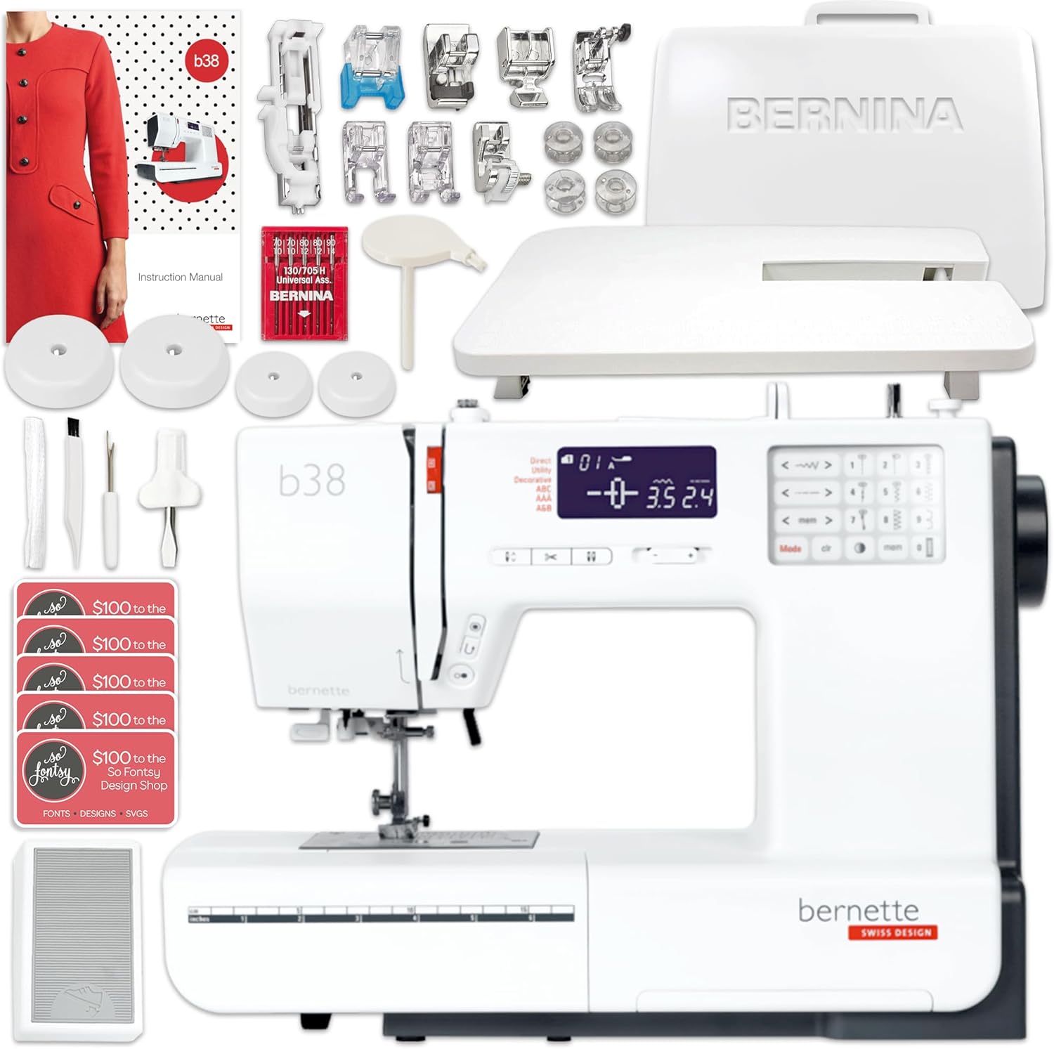 Bernette B38 Top End Sewing Machine with Extension Table, 100 Spools of Thread, Accessories, and Designs