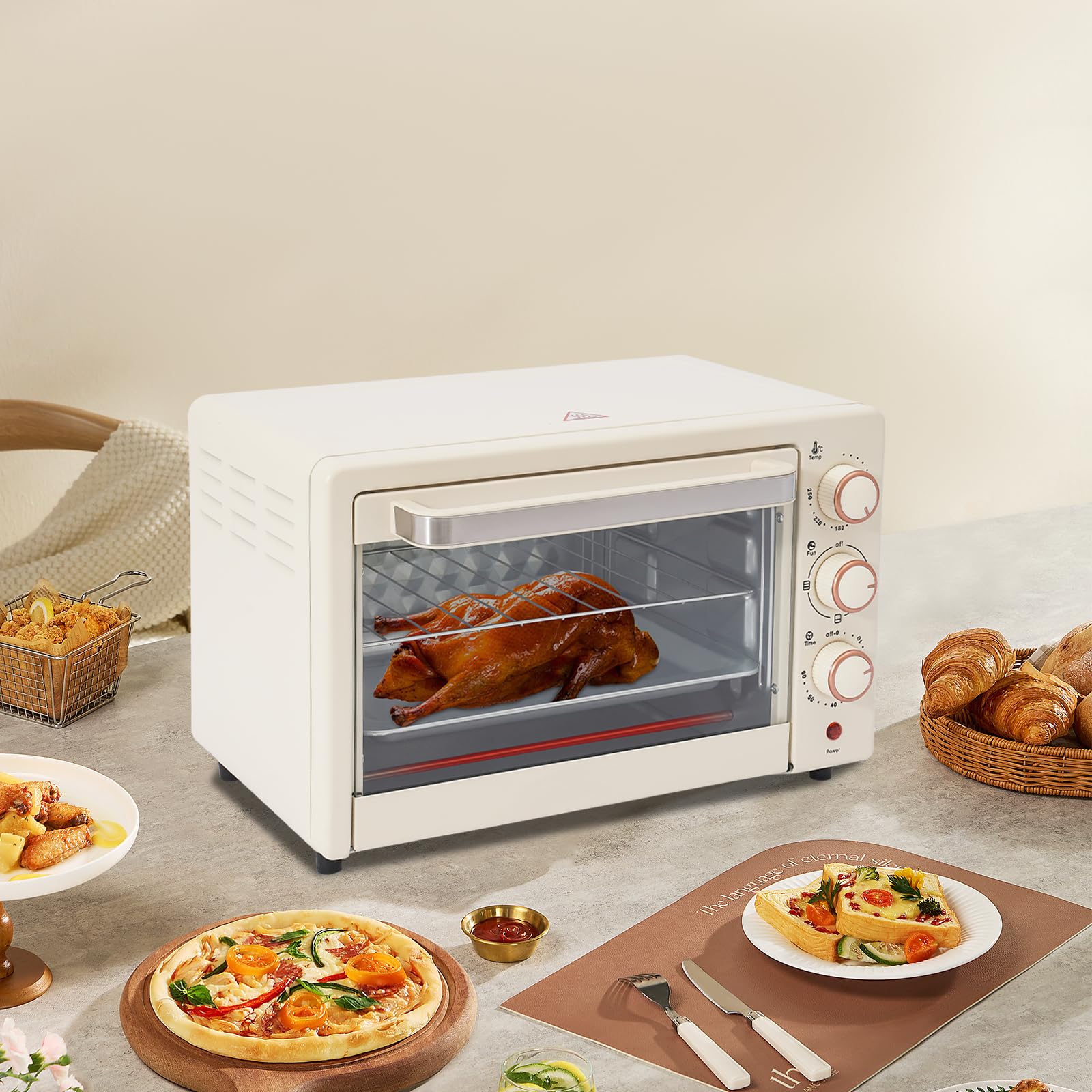 Mini four électrique, 22 l, avec poêle et grille, minuterie de 60 min, four à pizza, 1000 W, 120-250 °C, pour familles, fêtes, barbecues, snacks, desserts