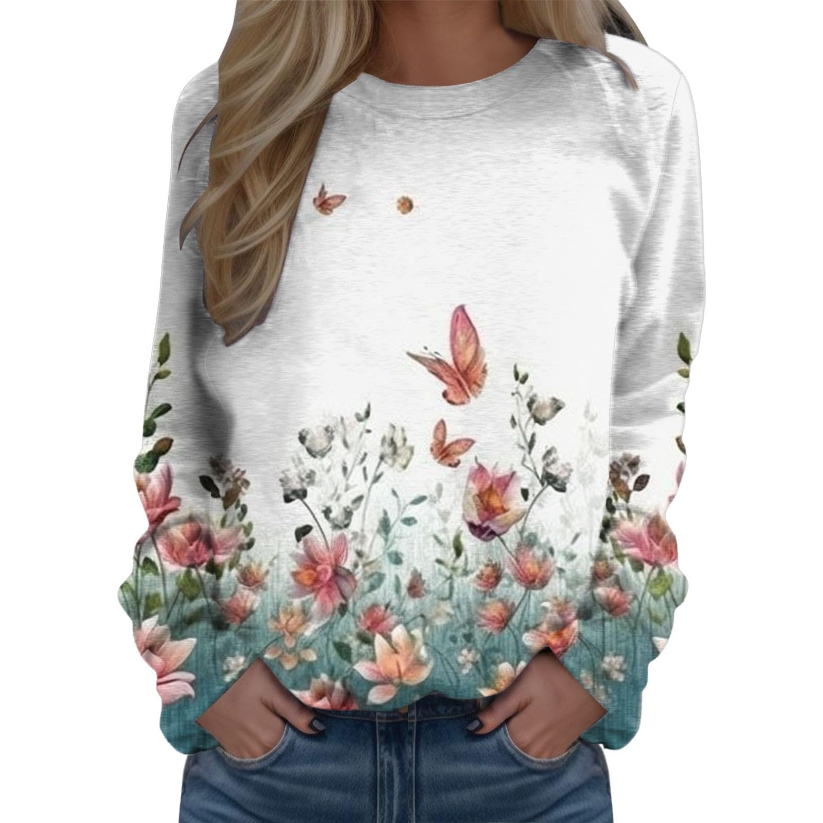 Pullover Damen Rundhals Pullover Bedruckte Mode Langarmshirt Baumwolle Basic Clubkleidung Lauschig Langärmlig Tops für Frauen Damene Herbst mit Blumenmuster Long Warm Pullover Fashion Shirt