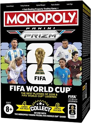 Monopoly Panini Prizm: FIFA World Cup Trading Cards Booster Box | aktuelle Stars und FIFA World Cup Legends | Geschenke für Fußballfans
