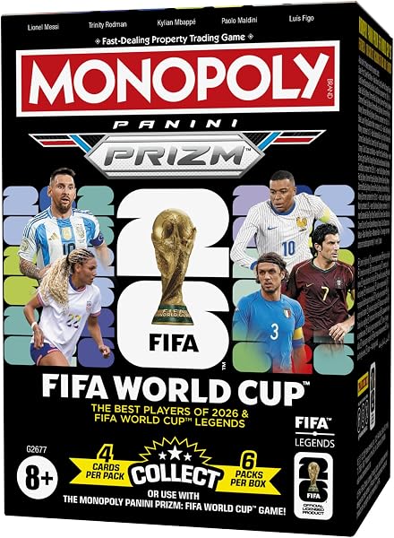 Monopoly Panini Prizm: FIFA World Cup Trading Cards Booster Box | aktuelle Stars und FIFA World Cup Legends | Geschenke für Fußballfans