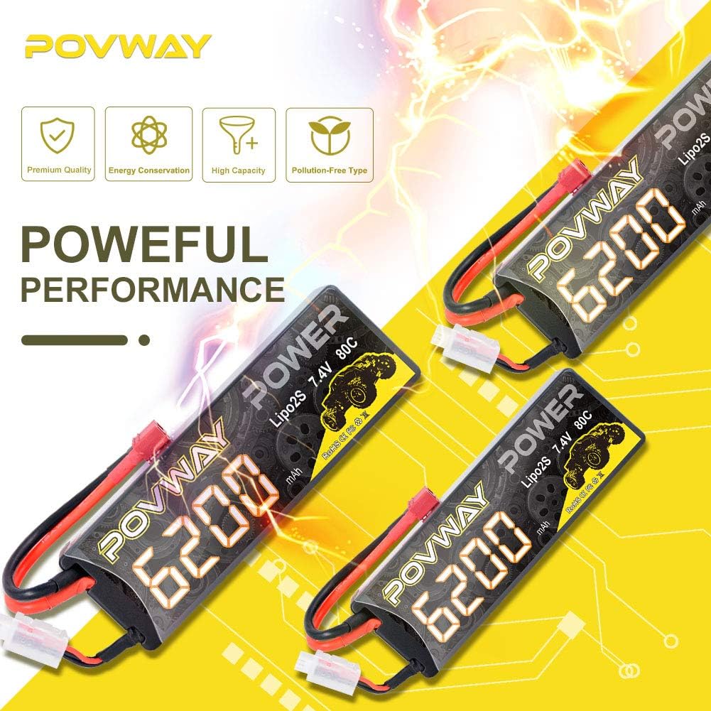 2S 6200mAh 7.4V LiPo Battery Hard Case 80C with T Plug for RC Cars, RC Truck,Buggy-2pack