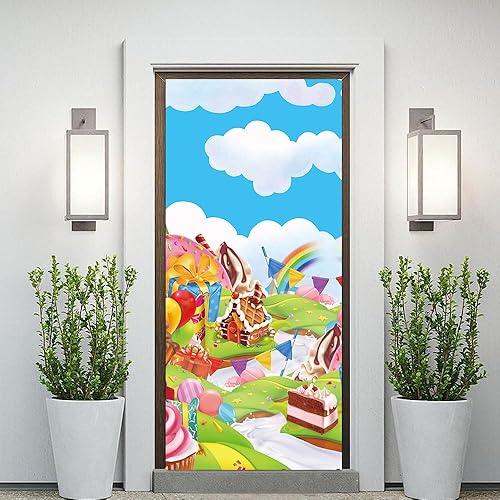 Miniatura 3 de Bandera de color de dona arcoíris de Candyland Sweet Cartoon de 35.4 x 72.8 pulgadas, globo, galleta, helado, decoración de puerta de patio, baby