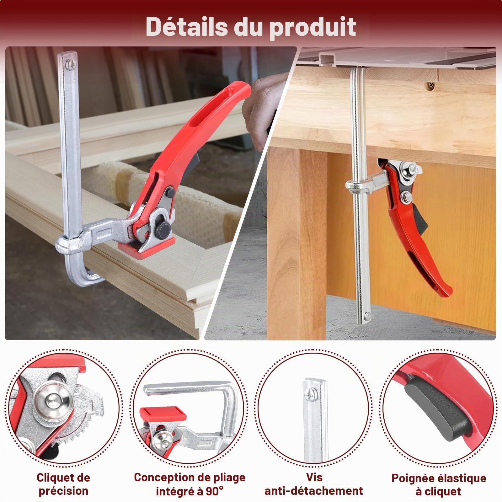 Lot de 2 Serre Joint Rapide pour Rail Guidage, Pince Table Cliquet Acier avec Poignée Levier, Pince Serrage Blocage Rapide Capacité 160mm & Profondeur Gorge 60 mm pour Meulage, Coupe