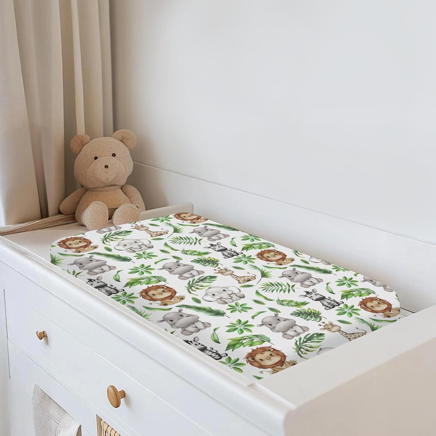 Jungle Safari Tropical Leaves Changing Pad Covers for Baby Girl Boy Lion Elephant Hippo Zebra Giraffe Fitted Change Table Mats African Animal Soft Diaper Change Table Cover Sheets 32''×16''