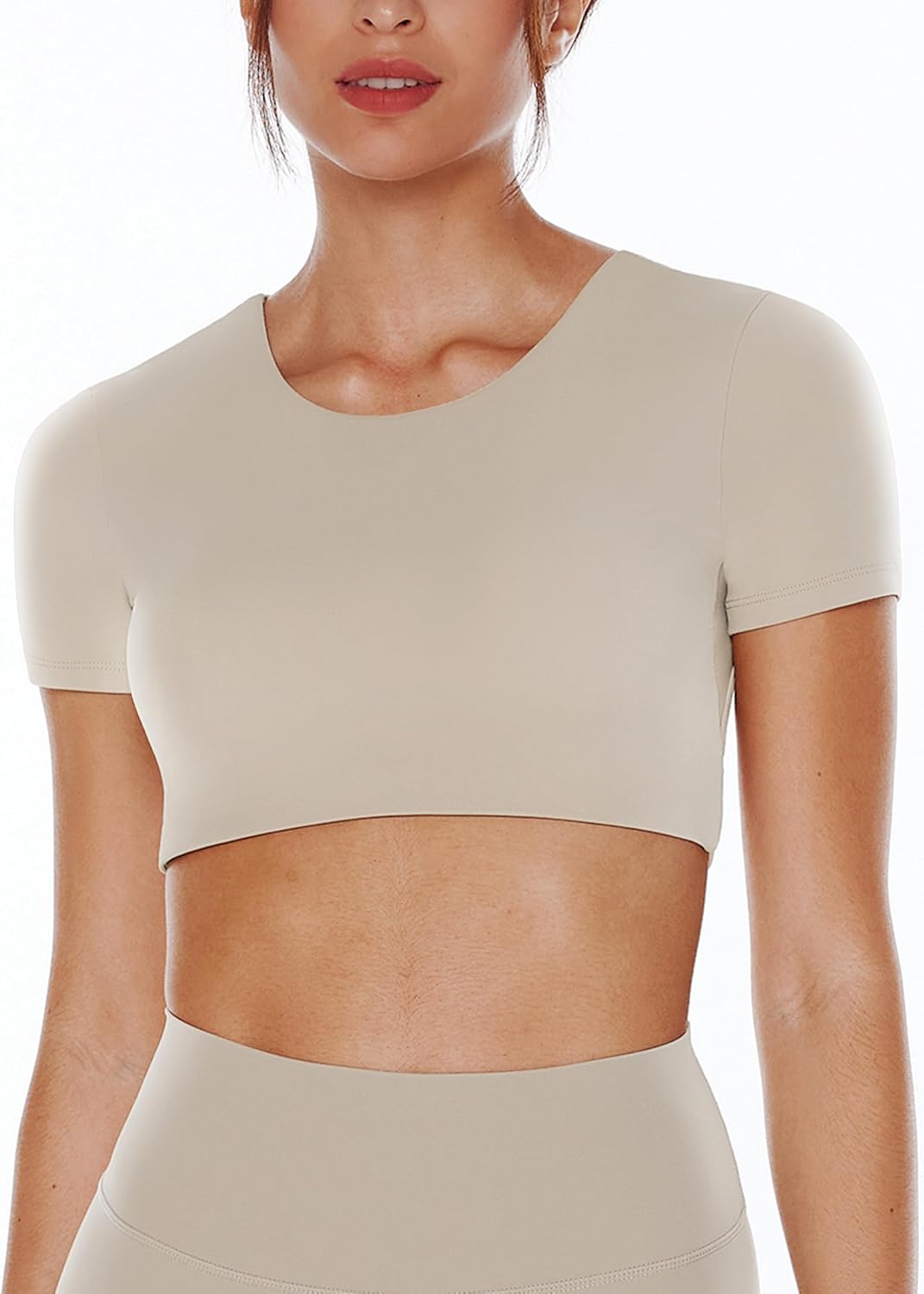 Open Back Workout Crop Tops for Women Backless Yoga Shirts Gym Short Sleeve Mild Support Compression Tee with Bra - Image 2