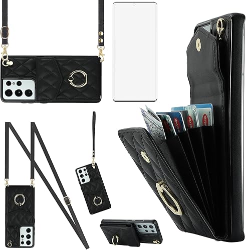 Asuwish Funda de teléfono para Samsung Galaxy S21 Ultra 5G Funda tipo cartera con protector de pantalla de vidrio templado y correa para la muñeca
