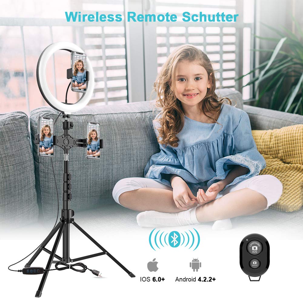 10"Selfie-Ringlicht mit 63" Stativ-Ständer, Bluetooth-Fernbedienung, 3 Handy-Halterungen & Mikrofon-Clip, Circle Lights LED-Ringlicht für Tik Tok/YouTube Videos, Make-Up, Fotografie & Live-Streaming
