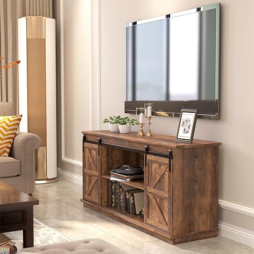 Miniatura 3 de JUMMICO Soporte de TV para TV de 65 pulgadas, centro de entretenimiento con armarios de almacenamiento y puertas corredizas de granero, consola de