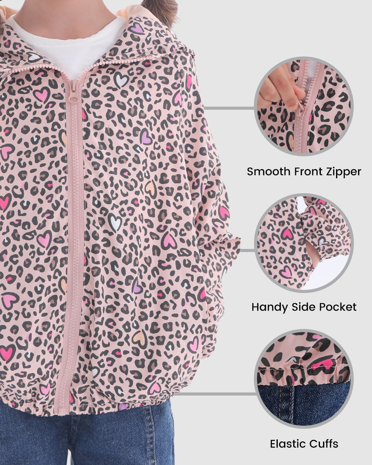 Girls Lightweight Hooded Jacket Kids Water-Resistant Windbreaker Printed Jacket,4-12Y - Image 3