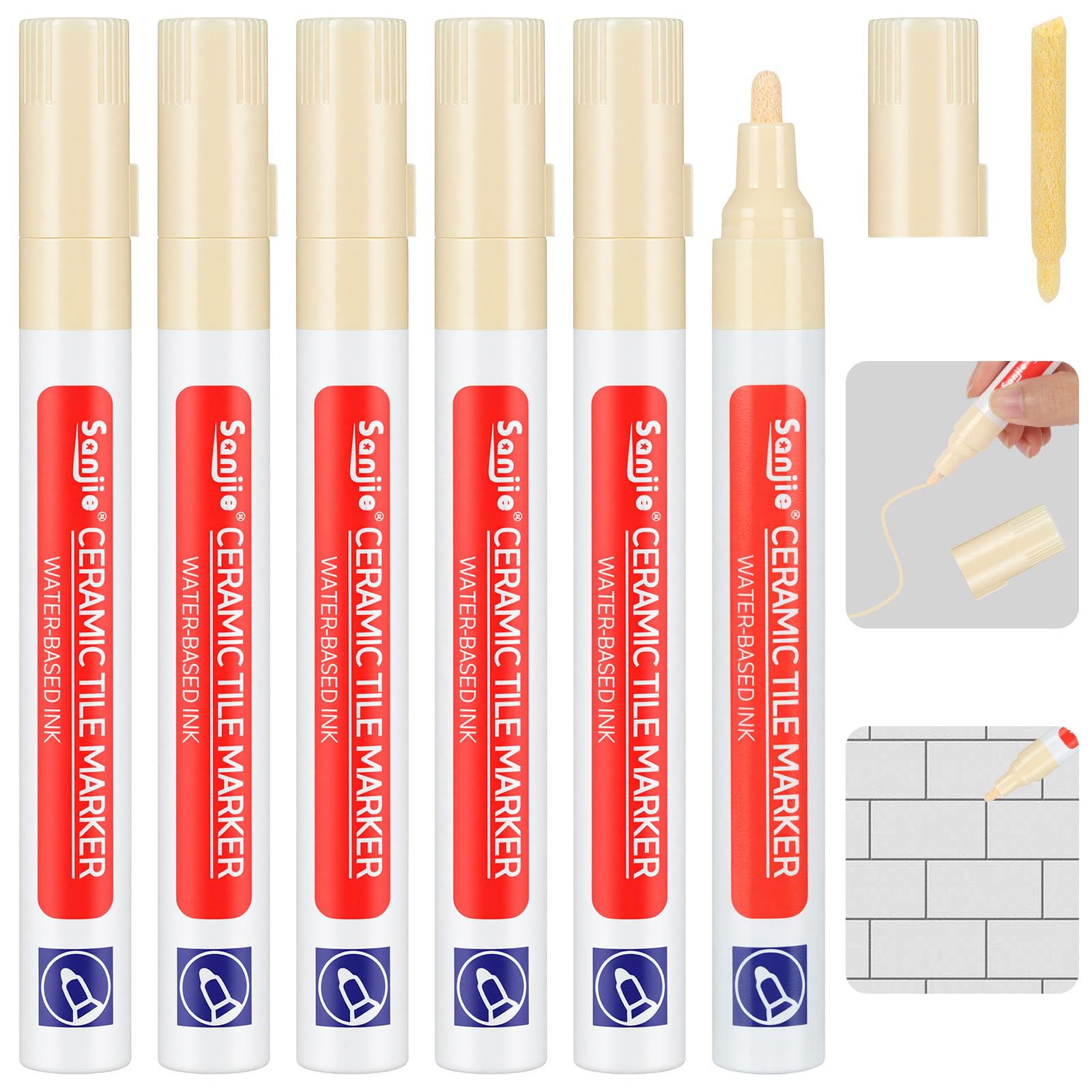 Stylo Joint Carrelage Beige, 6Pcs Stylo de Carrelage à Coulis avec Pointe de Rechange, Imperméable Marqueur Joints, Rénovateur de Coulis pour Joints de Carrelages de Cuisine et Salle de Bain Sol