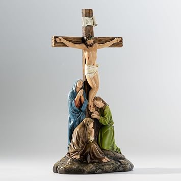 DevotedWalls Standing Crucifix Wall Cross,12 H Crucifixion of Jesus Christ Scene Statue,Catholic Figurine Jesus with Virgin Mary,INRI Cross for Home Altar,Gift for Mother's Day(Full Color)