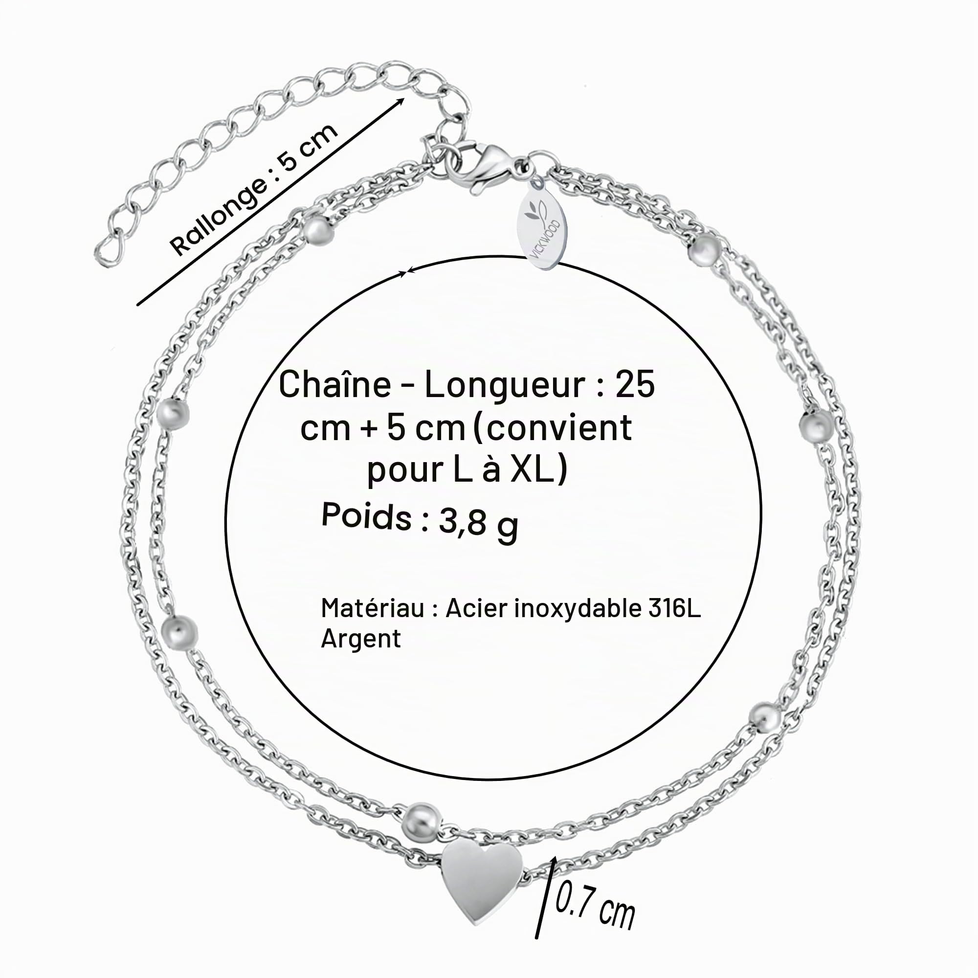 Bracelet de cheville pour femme en acier inoxydable - Étanche - Extra long - 21 cm à 30 cm - Plaqué or 18 carats - Avec cœur - Doré/or rose/argent/noir - Cadeau pour femme
