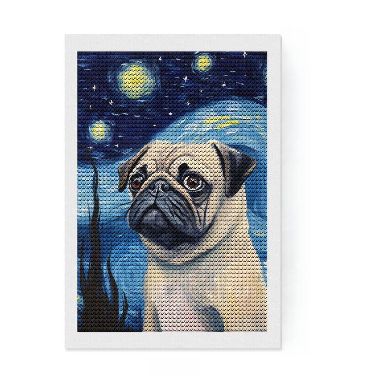 Junmoney Pug Dog Starry Night DIY Diamond Art Canvas Kit 8"x12", for Adults, Finish and Display, Birthday Gift, Aesthetic Room Decor