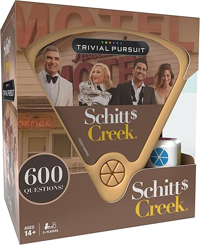 USAOPOLY Trivial Pursuit Schitt's Creek Edition  Preguntas de juego de preguntas de Schitt's Creek  600 preguntas y muere en contenedor de viaje