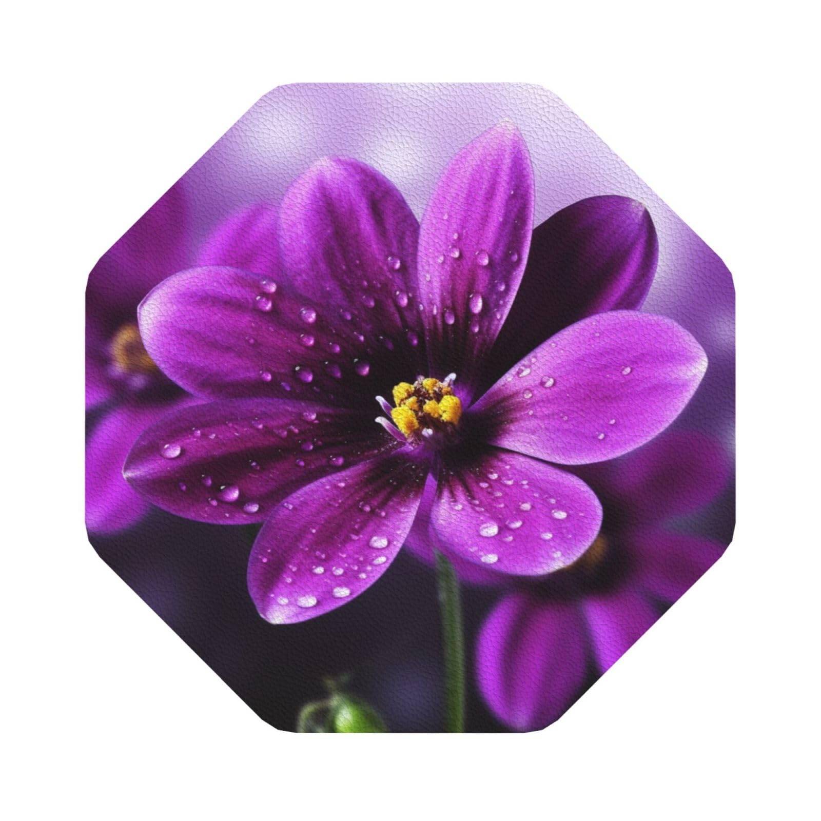 Fodpand Octagon Purple Flower Drink Coasters Set Of 4, Heat Resistant Leather Coasters Fuuny Bar Beer Beverage Coaster For Drinks, Absorbent Cup Mat For Tabletop Protection, Housewarming Gift
