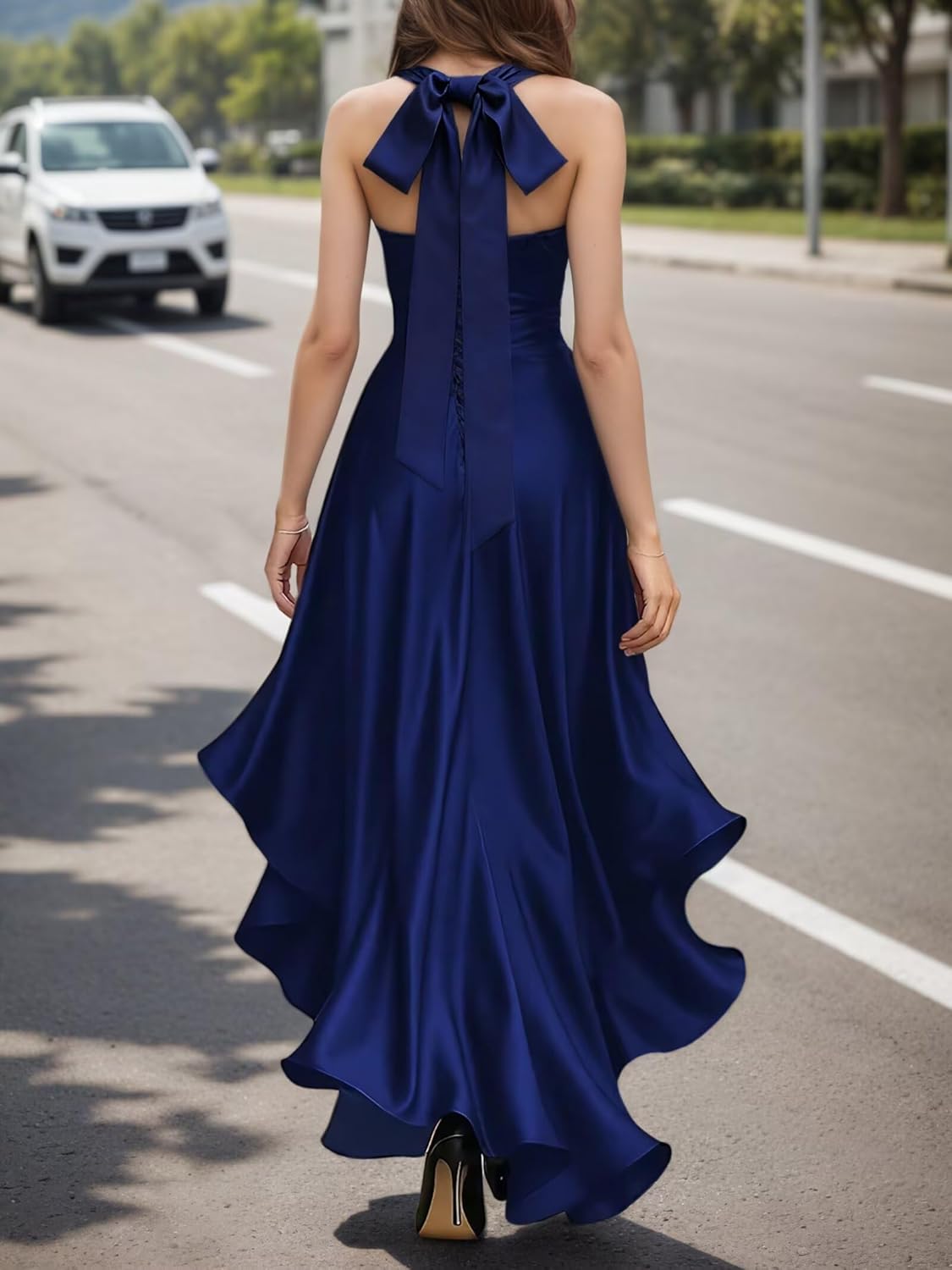 High Low Prom Dresses for Women Elegant V-Neck Halter 2025 A-Line Pleated Satin Party Gowns Tie Waist JA0318 - Image 7