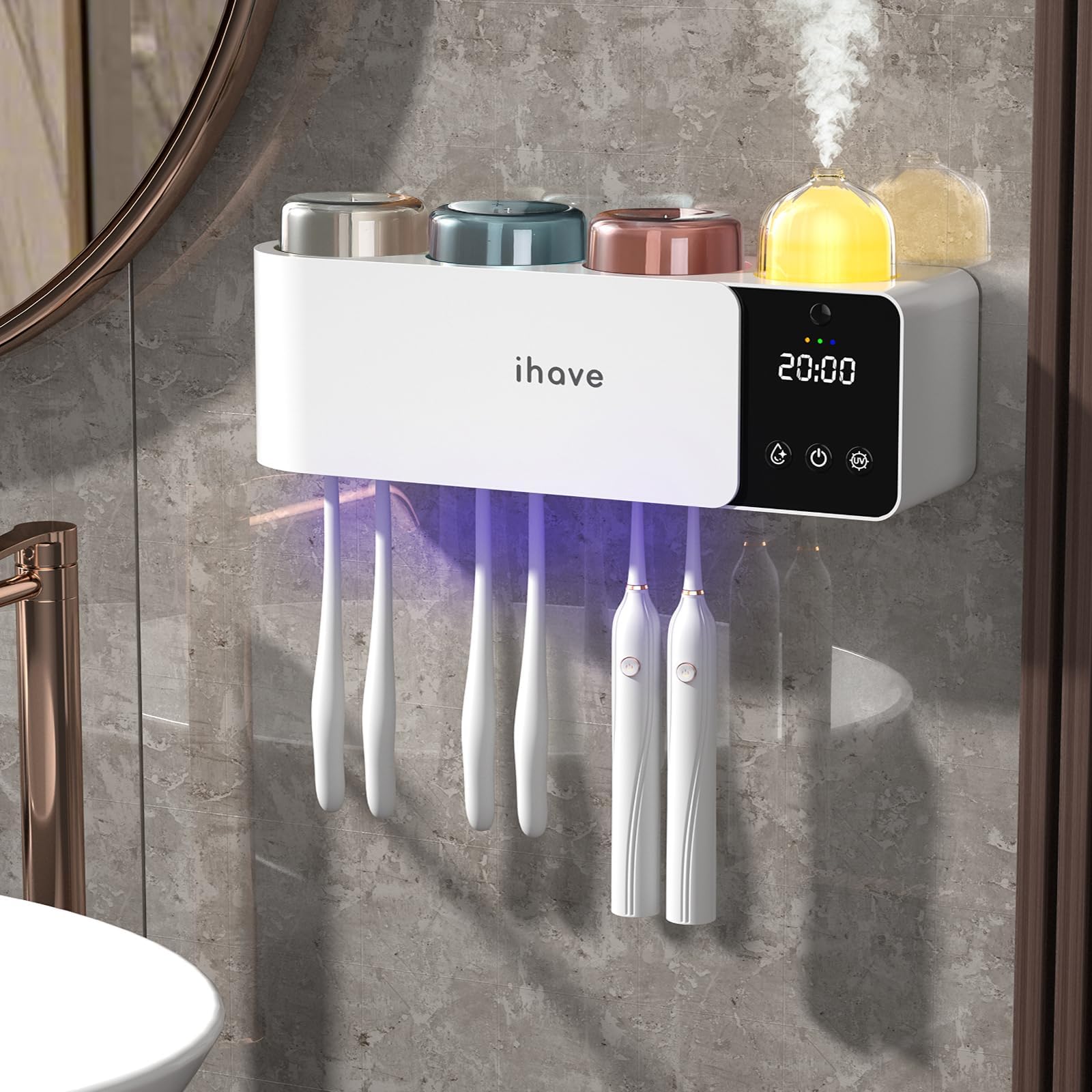 iHave Soporte para cepillos de dientes con desinfectante UV, difusor de aromaterapia y luz nocturna infrarroja, desinfección inteligente de crucero de 4 horas, secado combinado auxiliar, organizador