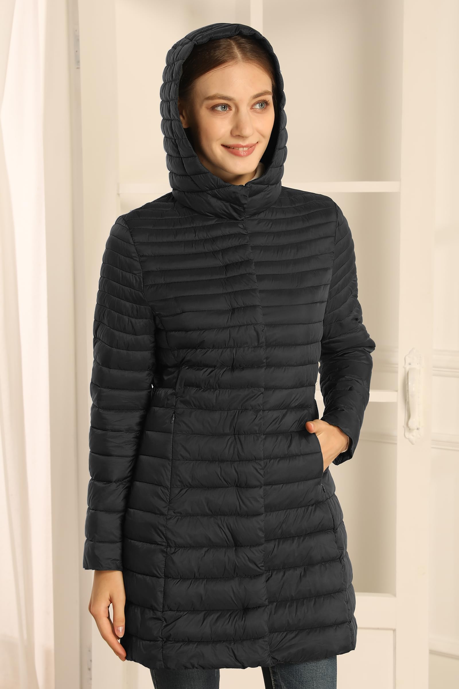 Giolshon Piumino Trapuntato Leggero da Donna, Caldo Giubbotto Invernale Lungo in Cotone Slim con Cappuccio