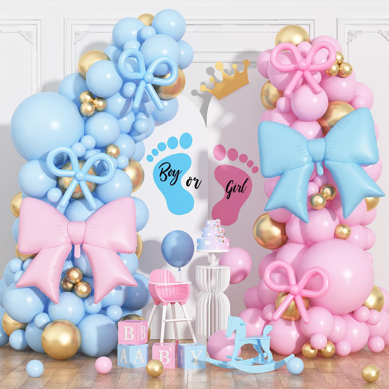 121Pcs Pink and Blue Balloon Arch Kit Gender Reveal Boy or Girl Balloon Garland Kit with Bow Foil Balloons Pastel Blue Pink Metallic Gold Birthday Party Balloons for He or She Baby Shower Decorations โ image 1