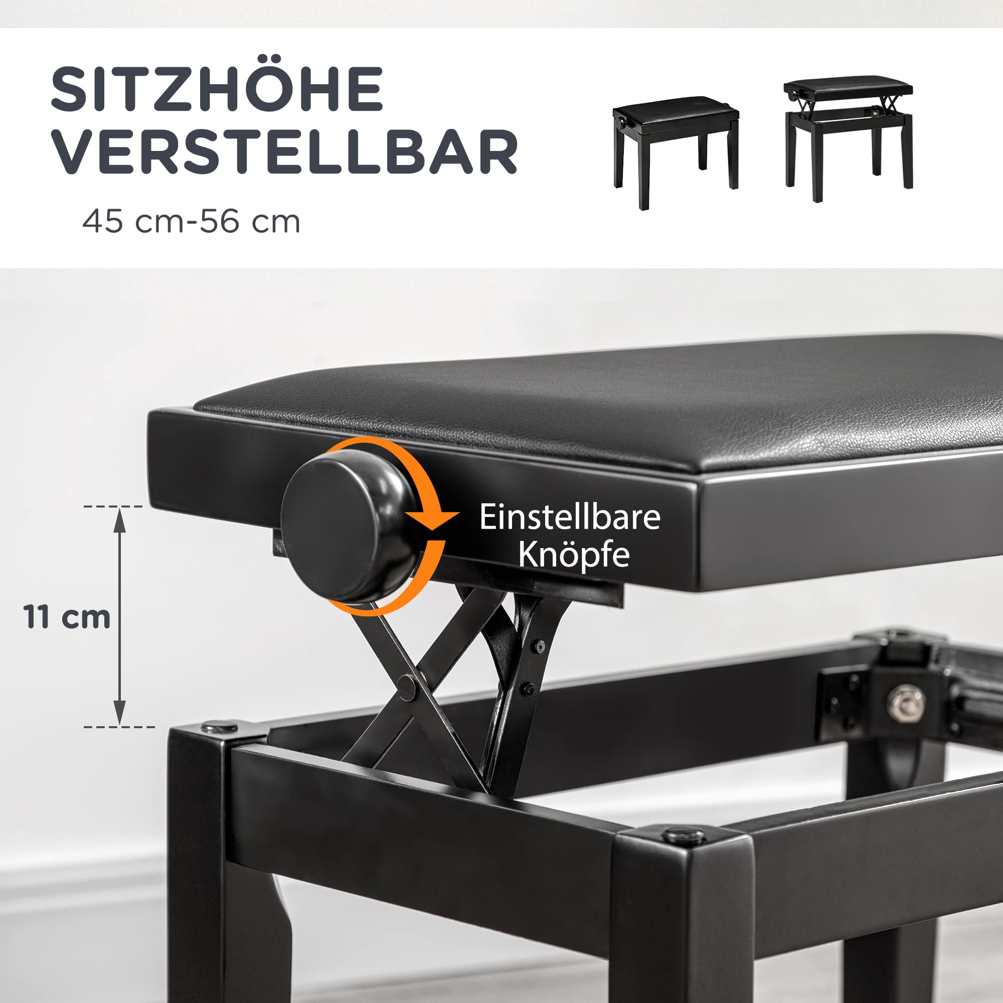 HOMCOM Klavierhocker Höhenverstellbare Klavierbank mit Lederkissen Pianobank Kunstleder Gummiholz Schwarz 63 x 33 x 45-56 cm