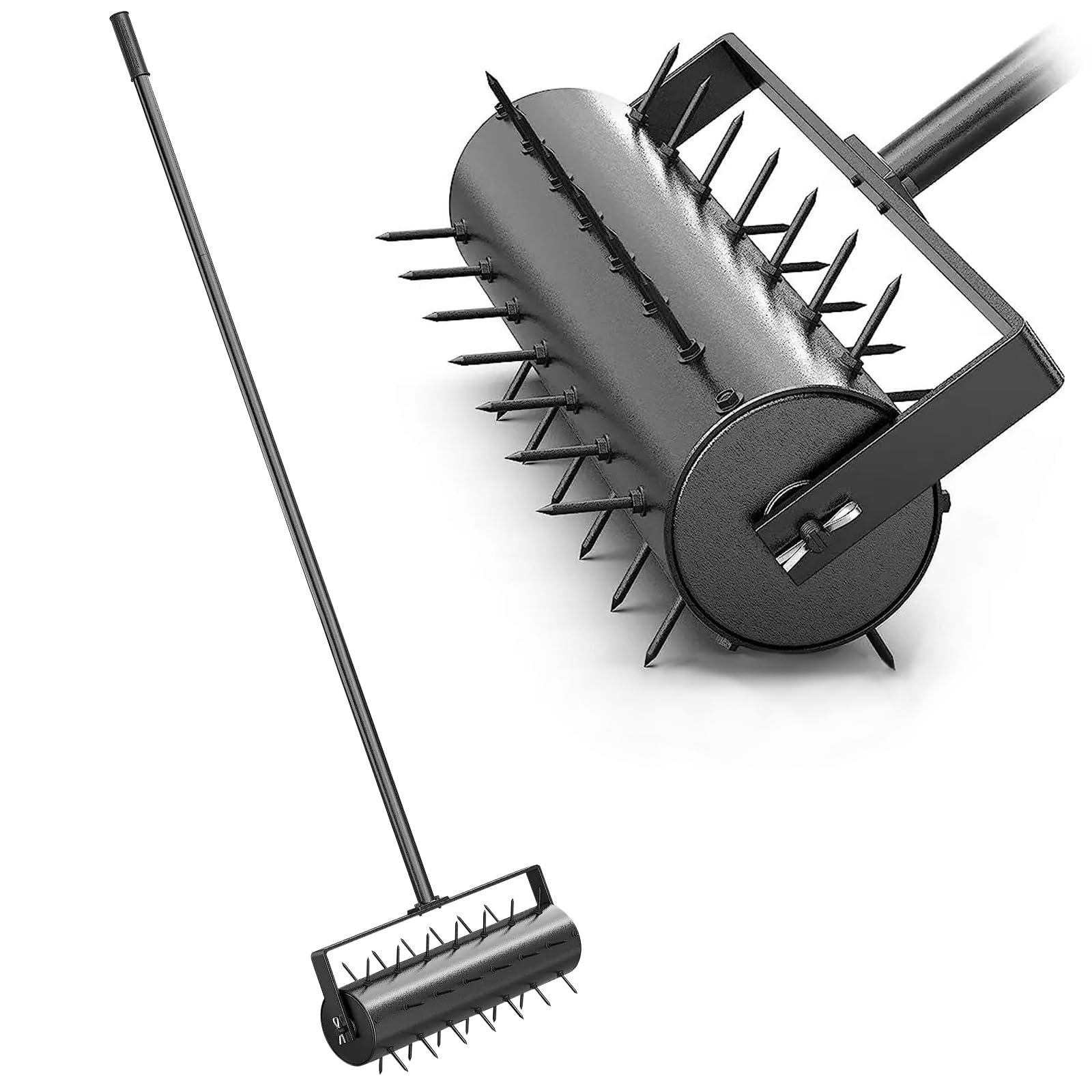 JAOGAUS Aireador y Escarificador de Césped Manual, Rodillo con Mango de Metal Extraíble Telescópico Ajustable de 3 Niveles, Clavos de 5 Cm, Herramienta Resistente para Jardín y Patios