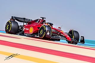 Ferrari F1 Formula One Racing with Pre-Printed Charles Leclerc Autograph Bahrain 2022 - Premium High Gloss Art Print Poster. (967P) (24”x36”)