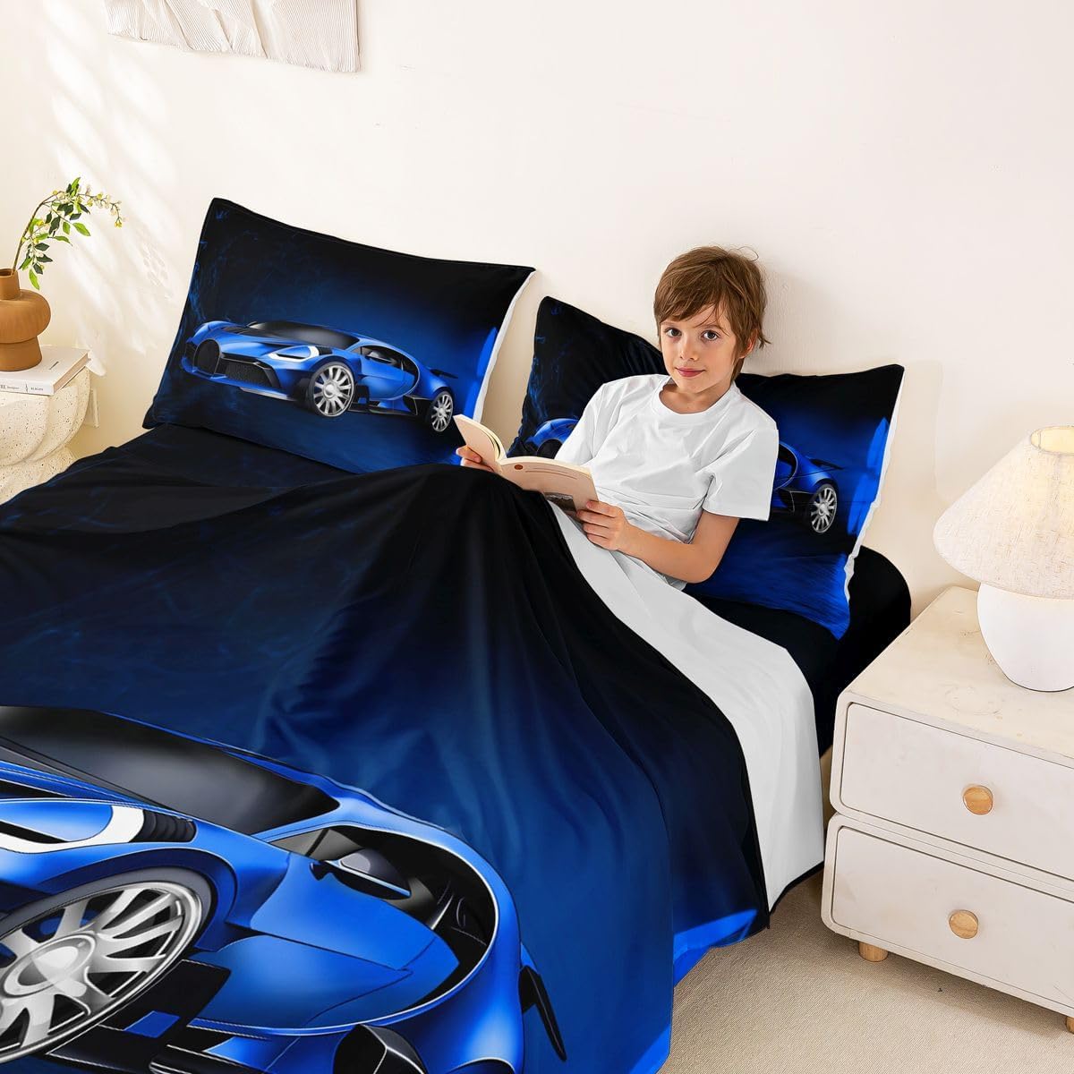 Feelyou Sports Car Bed Sheets Blue Race Car Sheet Set for Kids Boys Girls Extreme Sports Bed Set Sheet Set Cool Speed Luxury Car Decor Sheets with 1 Pillowcase 3Pcs Bedding Twin