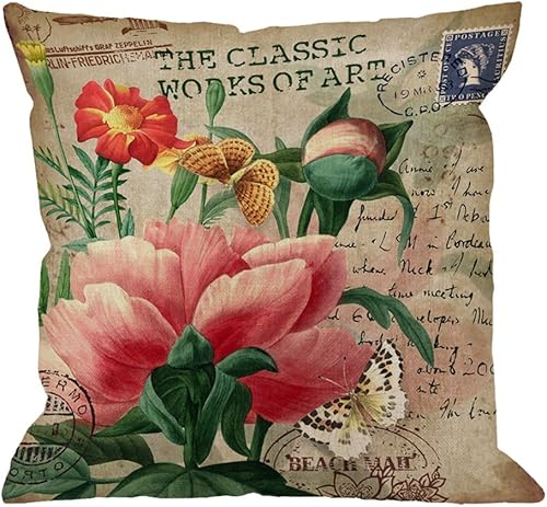 HGOD DESIGNS Funda de almohada de peonía con sello de mariposa vintage, estilo retro, letra rosa, amarillo, verde, fundas de almohada decorativas