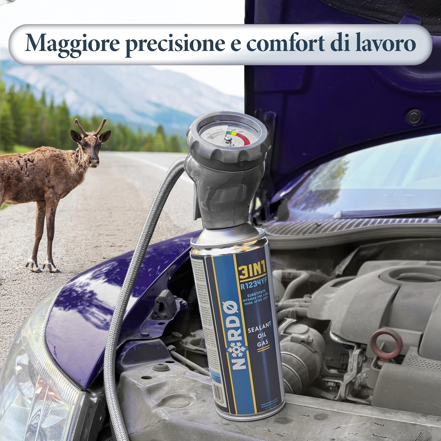 Nordo - Kit climatizzatore R1234yf – 1x 3in1 + 2x refrigerante 5in1 in bombole con olio, sigillante, colorante UV e disidratante – con tubo e adattatore YF