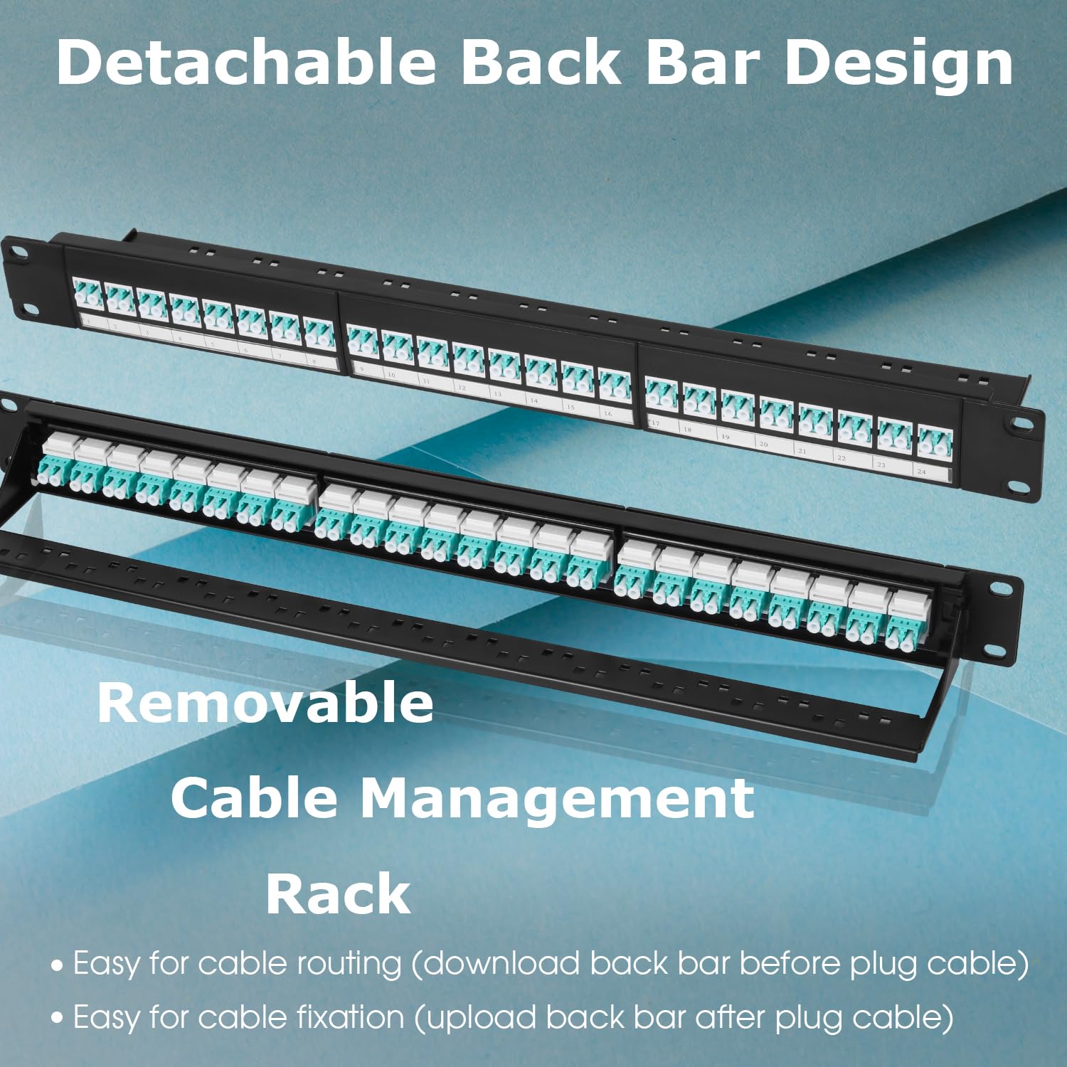 Panneau de brassage en fibre optique 1U avec 24 adaptateurs de fibre optique monomode LC OS2, coupleurs Keystone Jack modulaire avec clé en ligne blanche, connecteurs monomode pour racks
