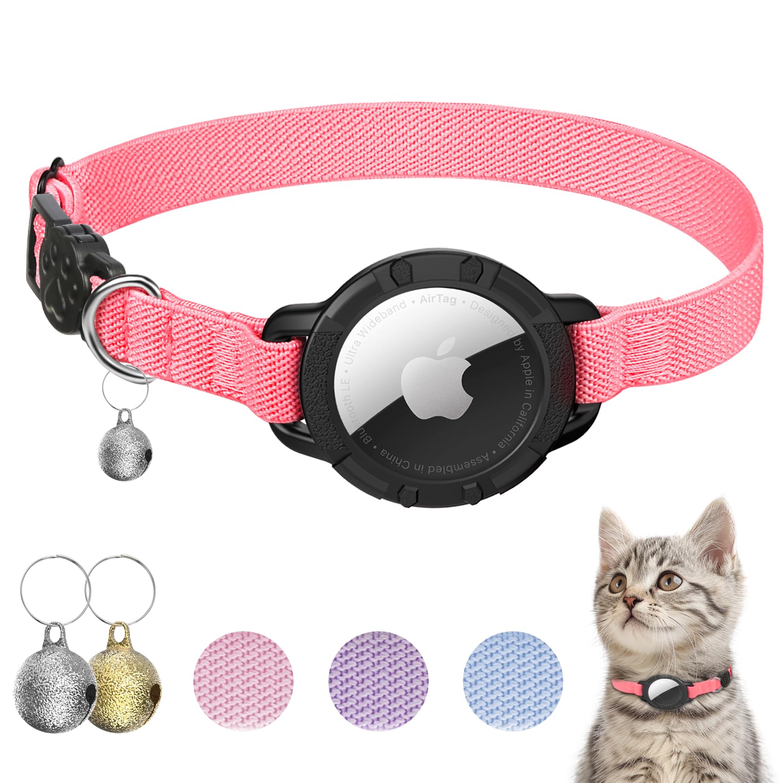 AirTag Cat Collar, Stretchy Kitten Collar with Apple Air Tag Holder and Bell, Breakaway Design Ultra Elastic GPS Tracking Cat Collar for Cats and Puppies (Hot Pink) โ image 1