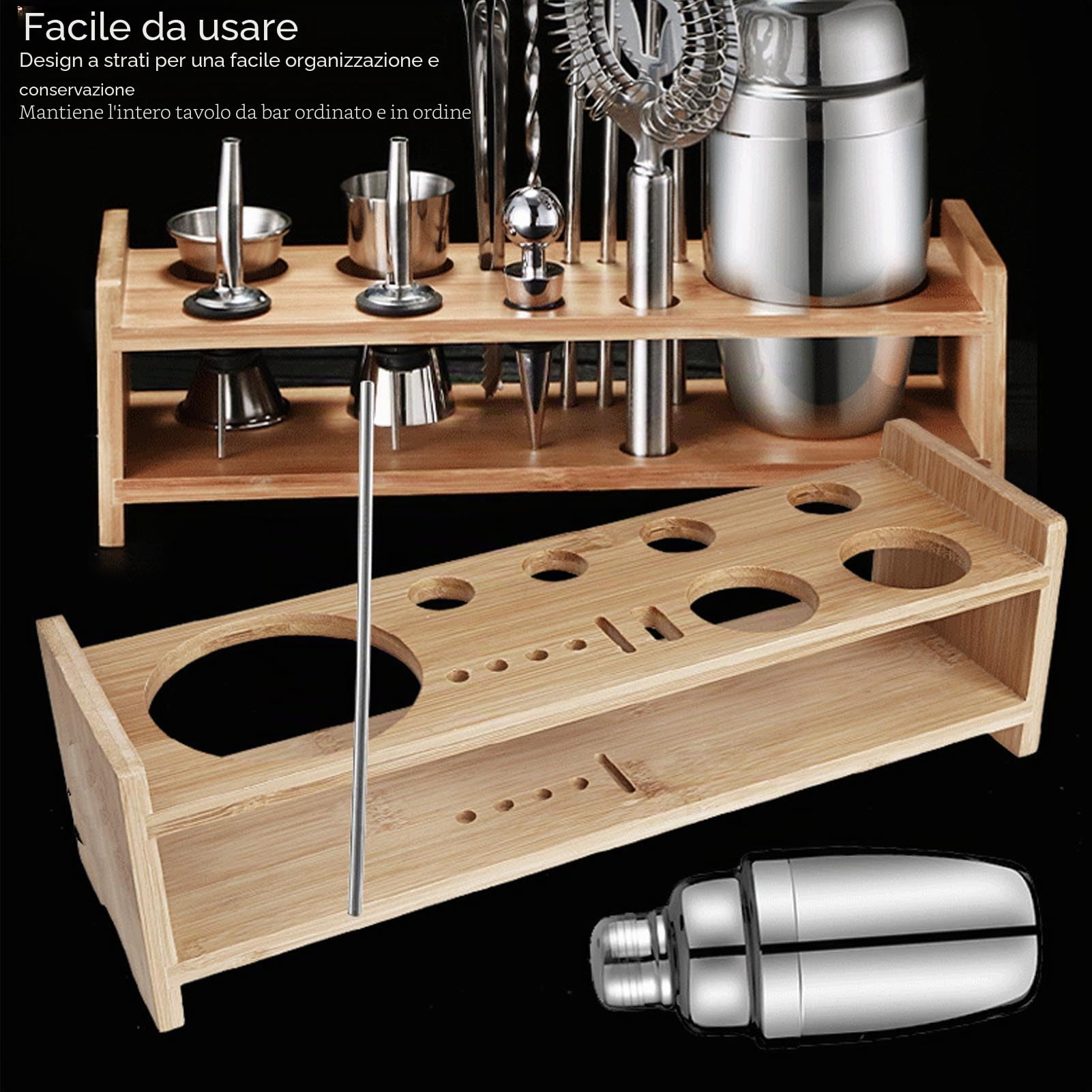 Supporto per Kit da Barista, Set di Shaker per Cocktail in Legno di bambù Supporto per Riporre gli Attrezzi da Barista Set di Accessori per Miscelatore per Bevande Set Espositore