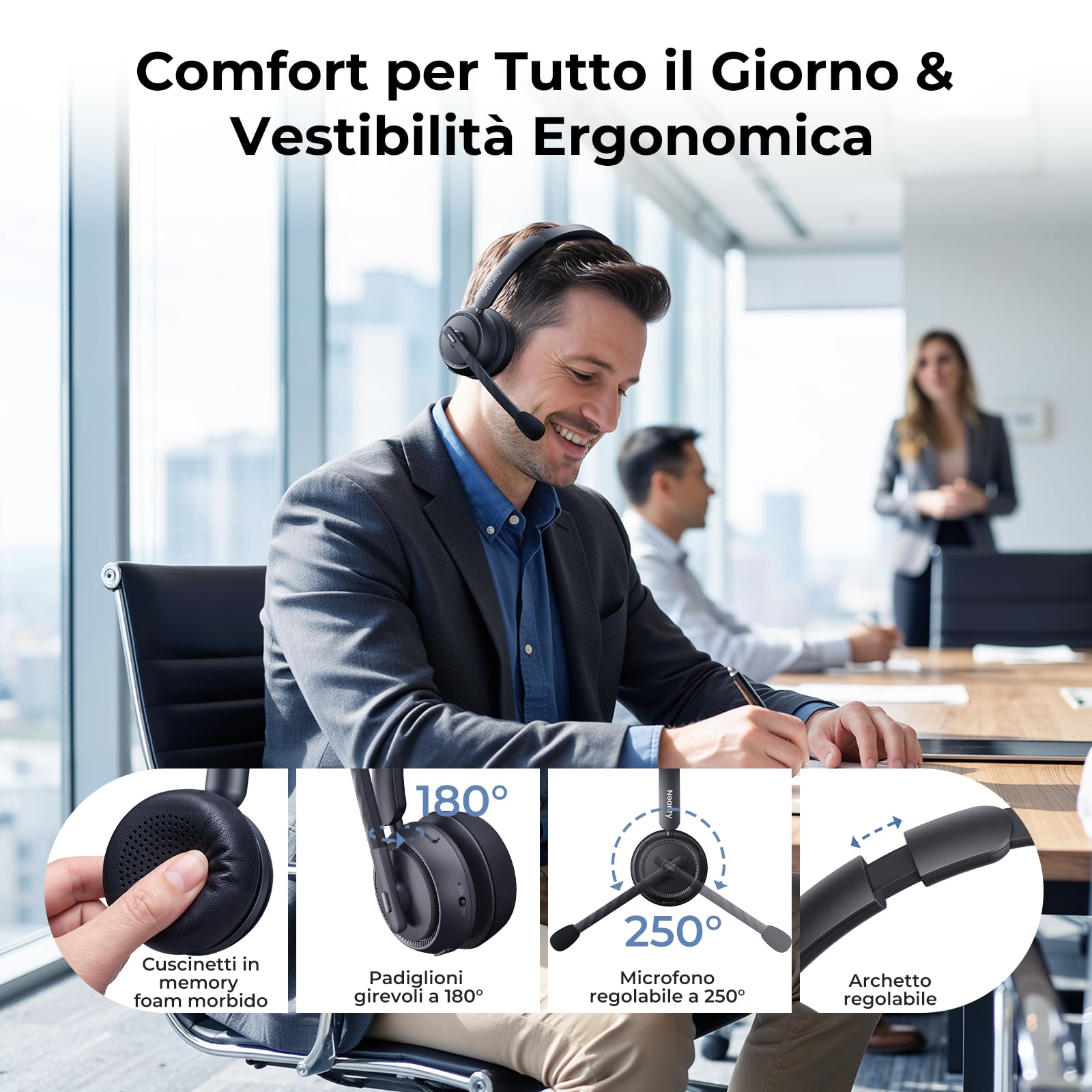 Nuroum HP31S 2026 Cuffie con Microfono Bluetooth,Cuffie Wireless ENC a Cancellazione di Rumore,Stazione di Ricarica, Dongle,USB-A&C,Bluetooth 5.4, 45H per Cuffie Call Center/Lavoro/Camion/Chiamate